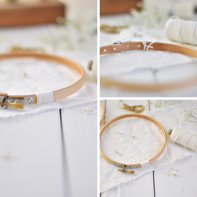 Stickrahmen mit Garn umwickelt