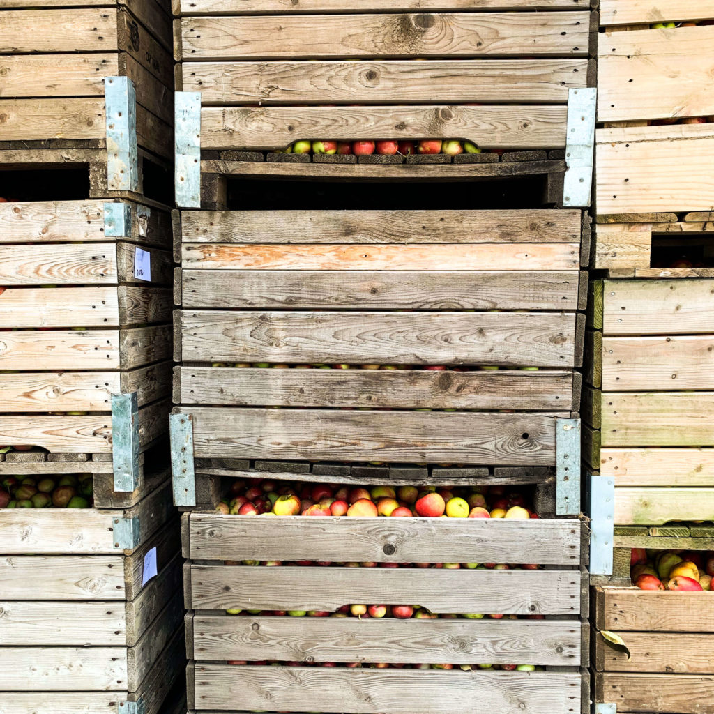Obstkisten auf dem Obsthof im Alten Land