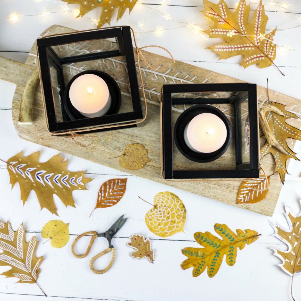 Windlichter aus Bilderrahmen selber machen und Herbstblätter bemalen