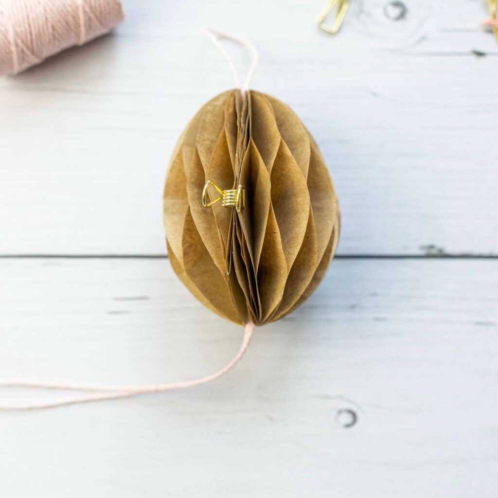 Das Waben Ei mit einer Klammer zusammenhalten