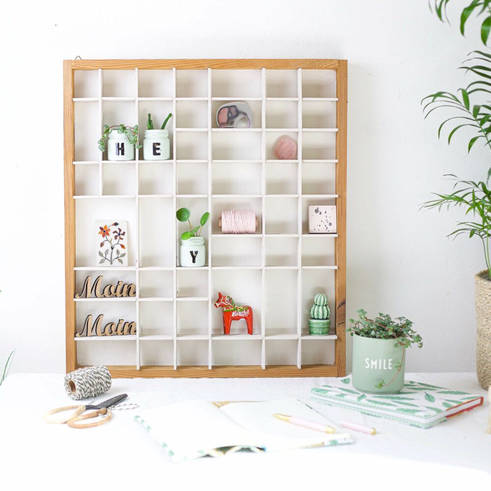 Setzkasten Upcycling und kleine Gläser mit Buchstaben