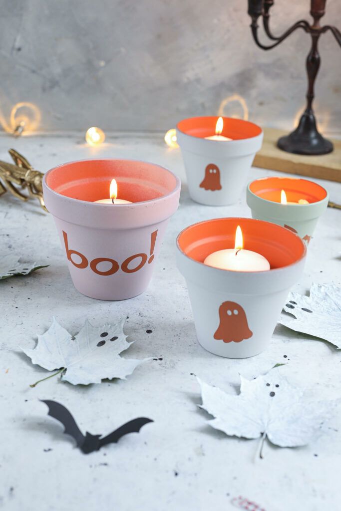 Halloween Deko mit Blumentöpfen in Pastell