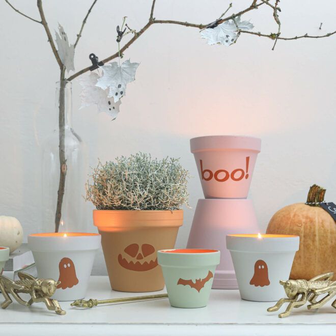 Halloween Deko mit Blumentöpfen in Pastell
