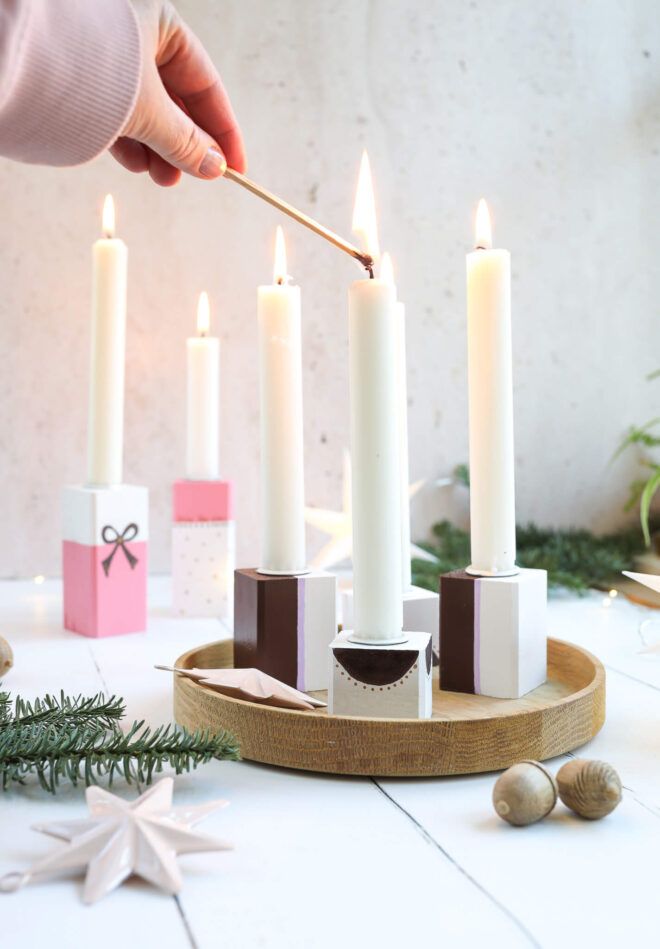 bunte Kerzenleuchter aus Holz selber machen